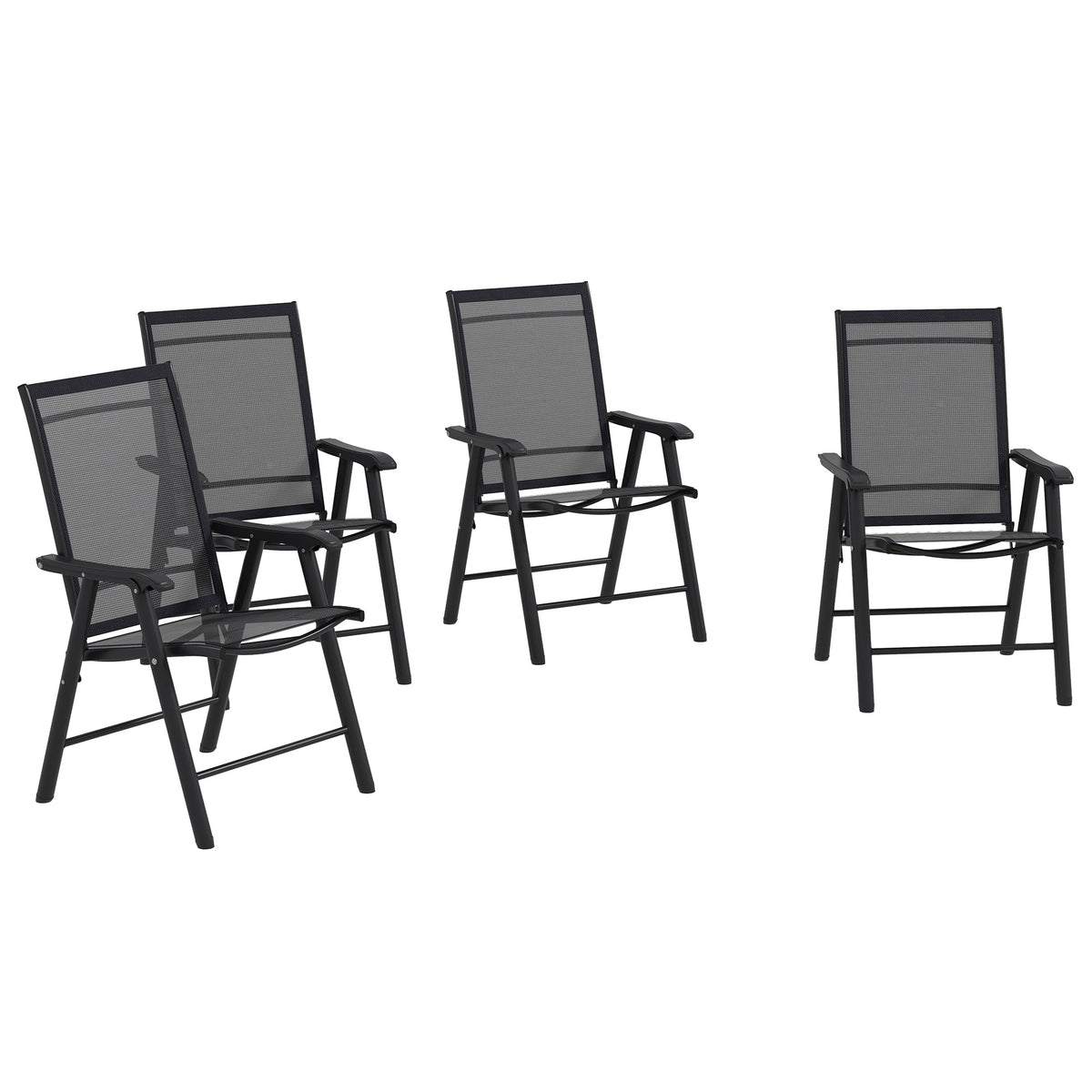 4-Piece Outdoor Folding Chairs, Stackable Metal Frame with Armrests, Black