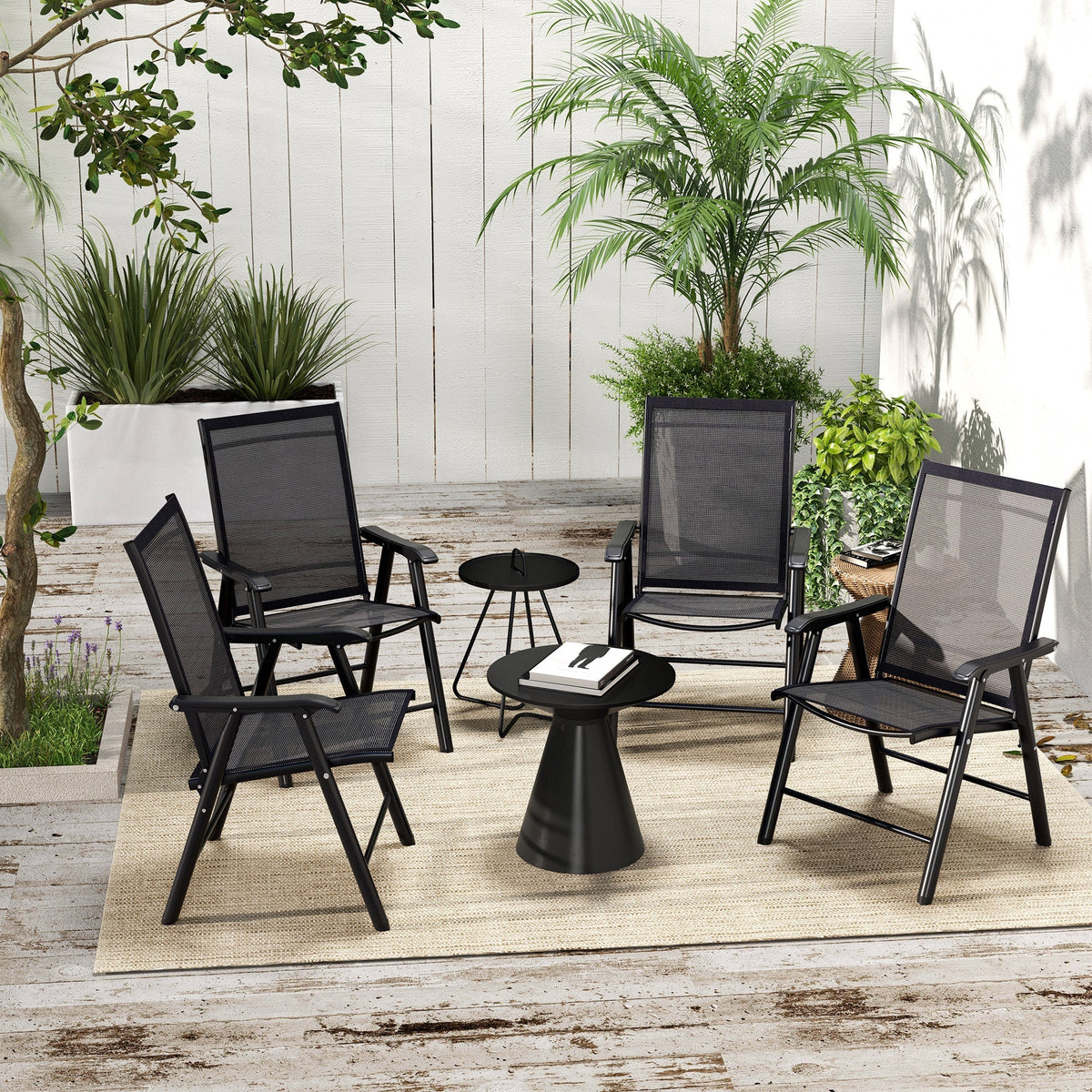 4-Piece Folding Chair Set, Outdoor Furniture Set with Mesh Fabric & Armrests, Black