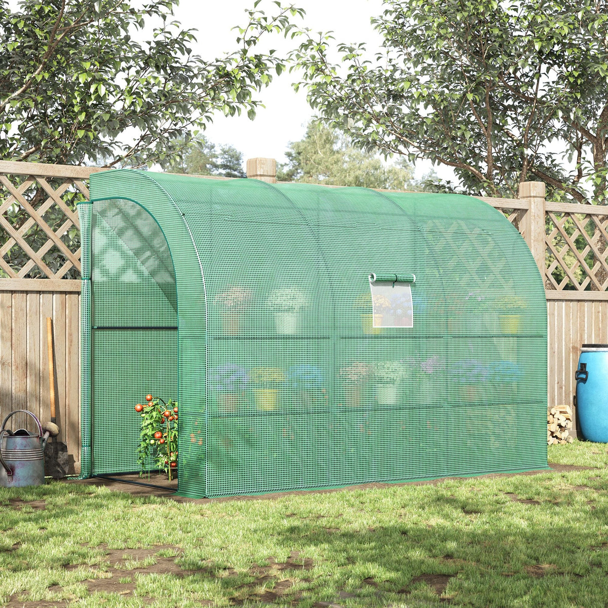 Lean to Wall Greenhouse with 3 Tiers 6 Wired Shelves & Windows, 300x150x213 cm, Green