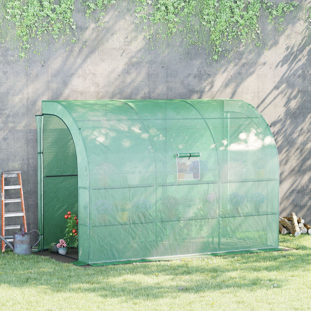 Lean to Wall Greenhouse with 3 Tiers 6 Wired Shelves & Windows, 300x150x213 cm, Green