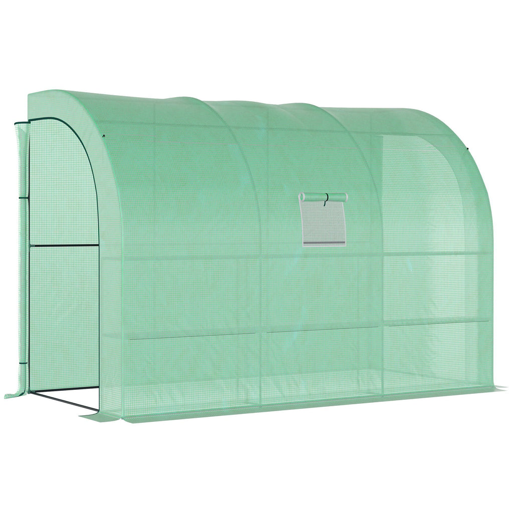 Lean to Wall Greenhouse with 3 Tiers 6 Wired Shelves & Windows, 300x150x213 cm, Green