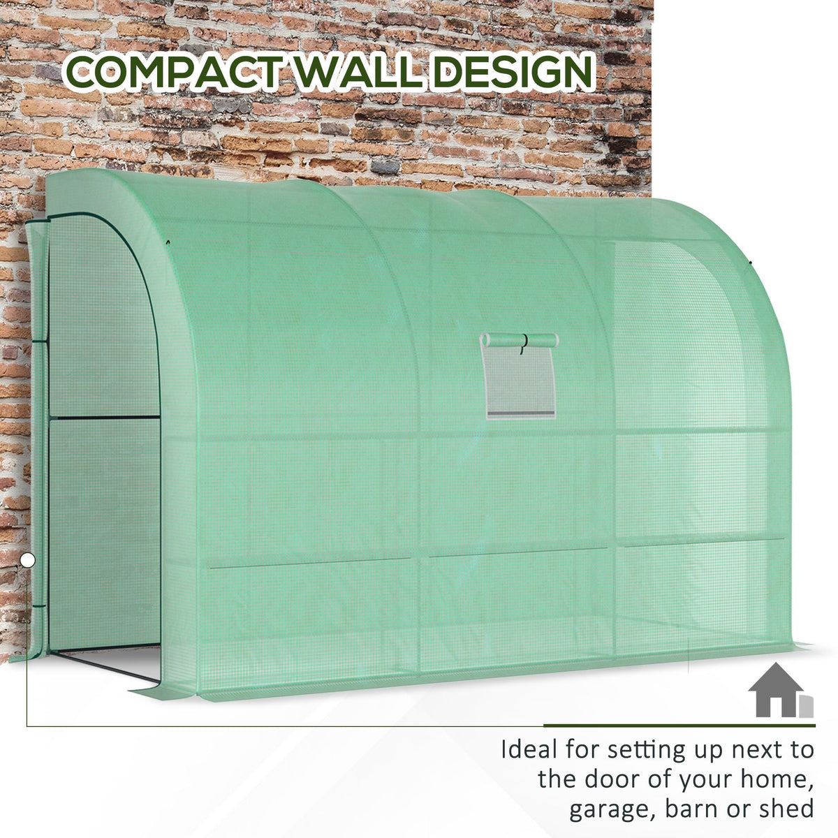 Lean to Wall Greenhouse with 3 Tiers 6 Wired Shelves & Windows, 300x150x213 cm, Green