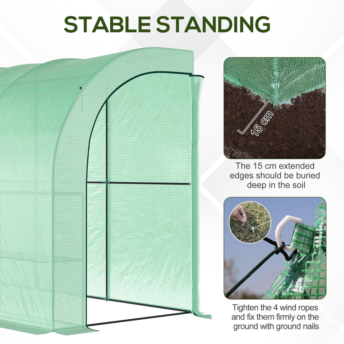 Lean to Wall Greenhouse with 3 Tiers 6 Wired Shelves & Windows, 300x150x213 cm, Green