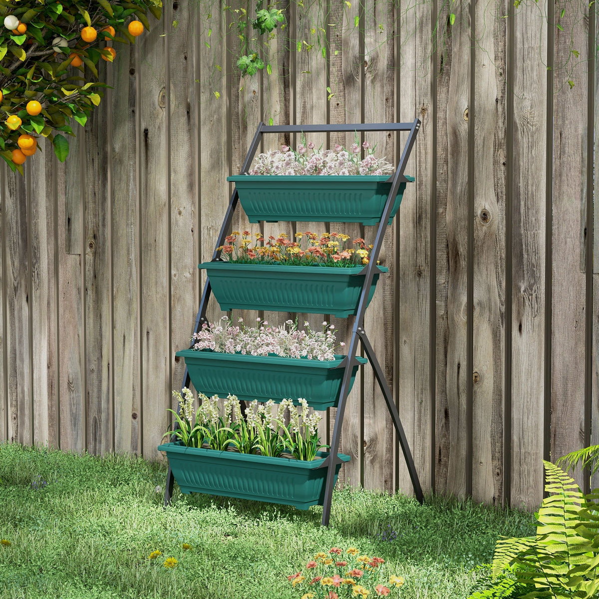 Raised Garden Bed, 4 Tier Vertical Garden Planter Set, 4 Outdoor Planter Boxes with Stand, Self Draining Design Elevated Garden for Vegetable, Flowers & Herbs, Green