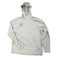 Light gray hooded long-sleeve shirt featuring the Simms Thorne Bros. Fly Fishing Logo M's SolarFlex Hoody with logos on chest and shoulder, designed for fishing comfort.