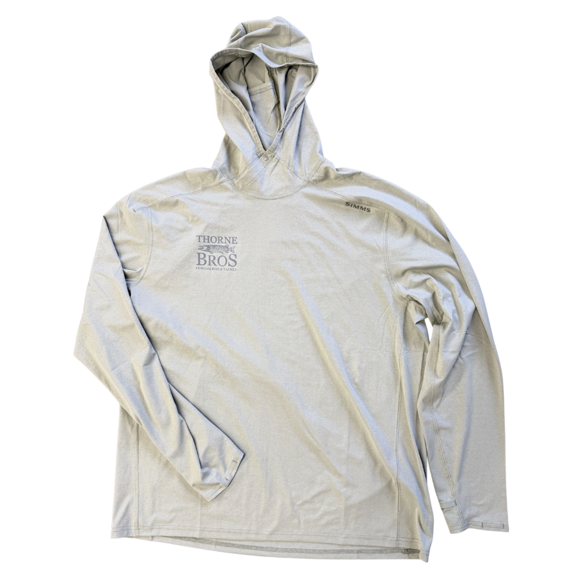 Light gray hooded long-sleeve shirt featuring the Simms Thorne Bros. Fly Fishing Logo M's SolarFlex Hoody with logos on chest and shoulder, designed for fishing comfort.