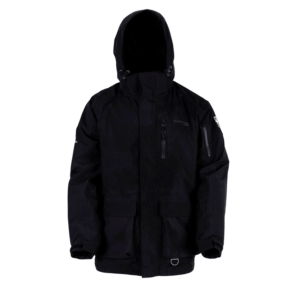 Clam Ice Armor Delta Float Parka in black, featuring a hood, multiple zippered pockets, and adjustable cuffs designed for cold weather protection during fishing activities.