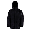 Clam Ice Armor Delta Float Parka in black, featuring a hood, multiple zippered pockets, and adjustable cuffs designed for cold weather protection during fishing activities.