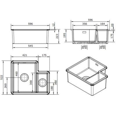 1.3 Bowl White Ceramic Undermount Kitchen Sink w/ Left Hand Main Bowl - 595mm x 520mm