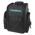 Black Shimano Blackmoon Backpacks with multiple zippered compartments, a mesh front pocket, padded top handle, and durable fabric designed for fishing tackle and gear storage.