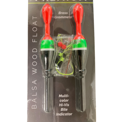 Tailfin - Pencil - Premium Spring & Slip Float set featuring two brightly colored wood floats with red, green, black, and white sections and brass grommets for fishing tackle use.