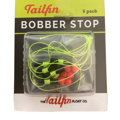 Tailfin - Bobber Stop six-pack featuring small bright yellow fishing line stops with red beads, designed for precise bobber positioning in fishing tackle.