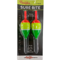 Package of two Tailfin - Oval - Sure Bite Spring & Slip Float fishing bobbers in bright red, yellow, and green colors with clear stems and brass grommets for bite indication.