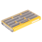 Plano EDGE 3600 Box is a durable fishing tackle organizer with clear lid and yellow accents, featuring adjustable compartments for lures and small fishing gear storage.