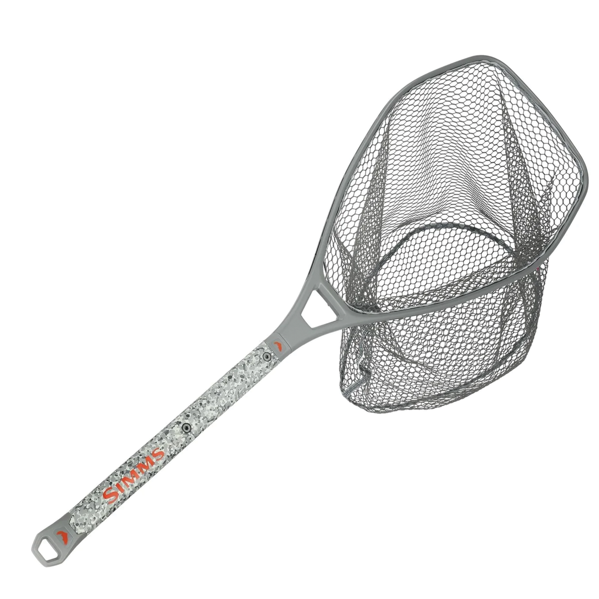 Simms Daymaker Boat Net with a sturdy gray handle and deep black mesh net, designed for efficient catch retrieval and durability in fishing tackle.