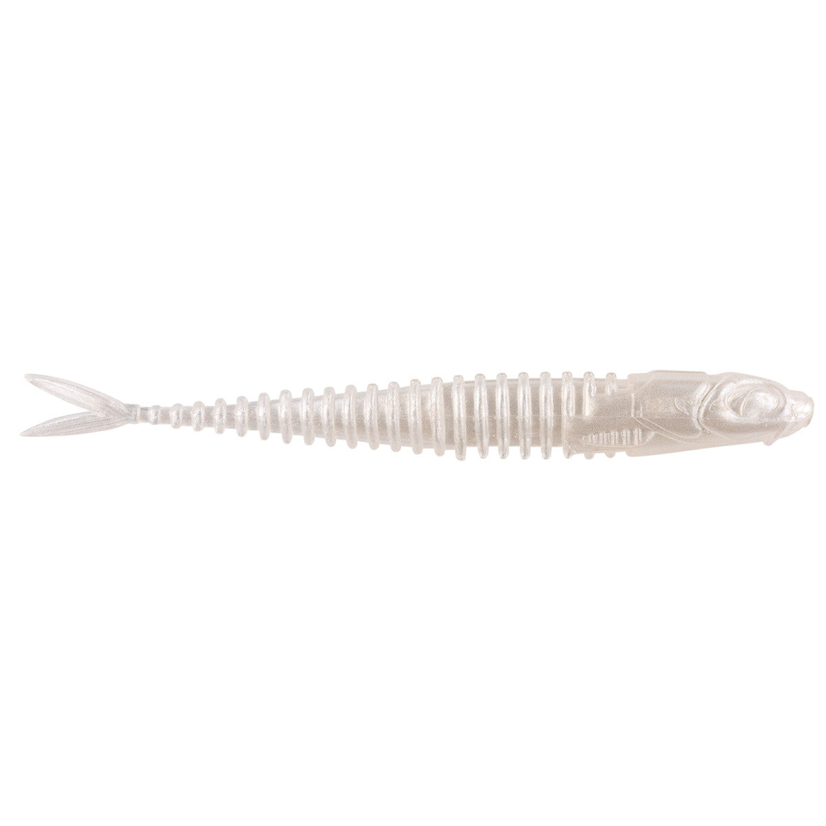 Northland Eye-Candy Minnow soft fishing lure designed with a ribbed body and realistic fish shape in a translucent pearl color, ideal for fishing tackle.