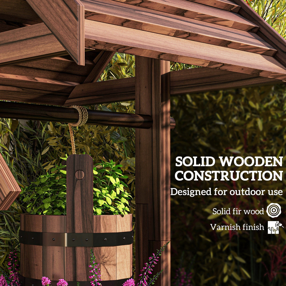 Wooden Wishing Well Planter with Adjustable Hanging Bucket, Rustic Wishing Well for Outside, Decorative Flower Planter with Drainage Hole for Garden Patio, Carbonized