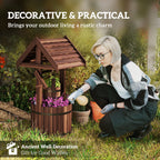 Wooden Wishing Well Planter with Adjustable Hanging Bucket, Rustic Wishing Well for Outside, Decorative Flower Planter with Drainage Hole for Garden Patio, Carbonized
