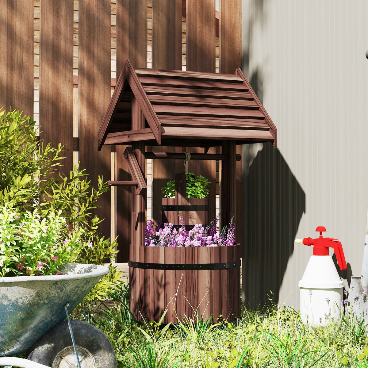 Wooden Wishing Well Planter with Adjustable Hanging Bucket, Rustic Wishing Well for Outside, Decorative Flower Planter with Drainage Hole for Garden Patio, Carbonized