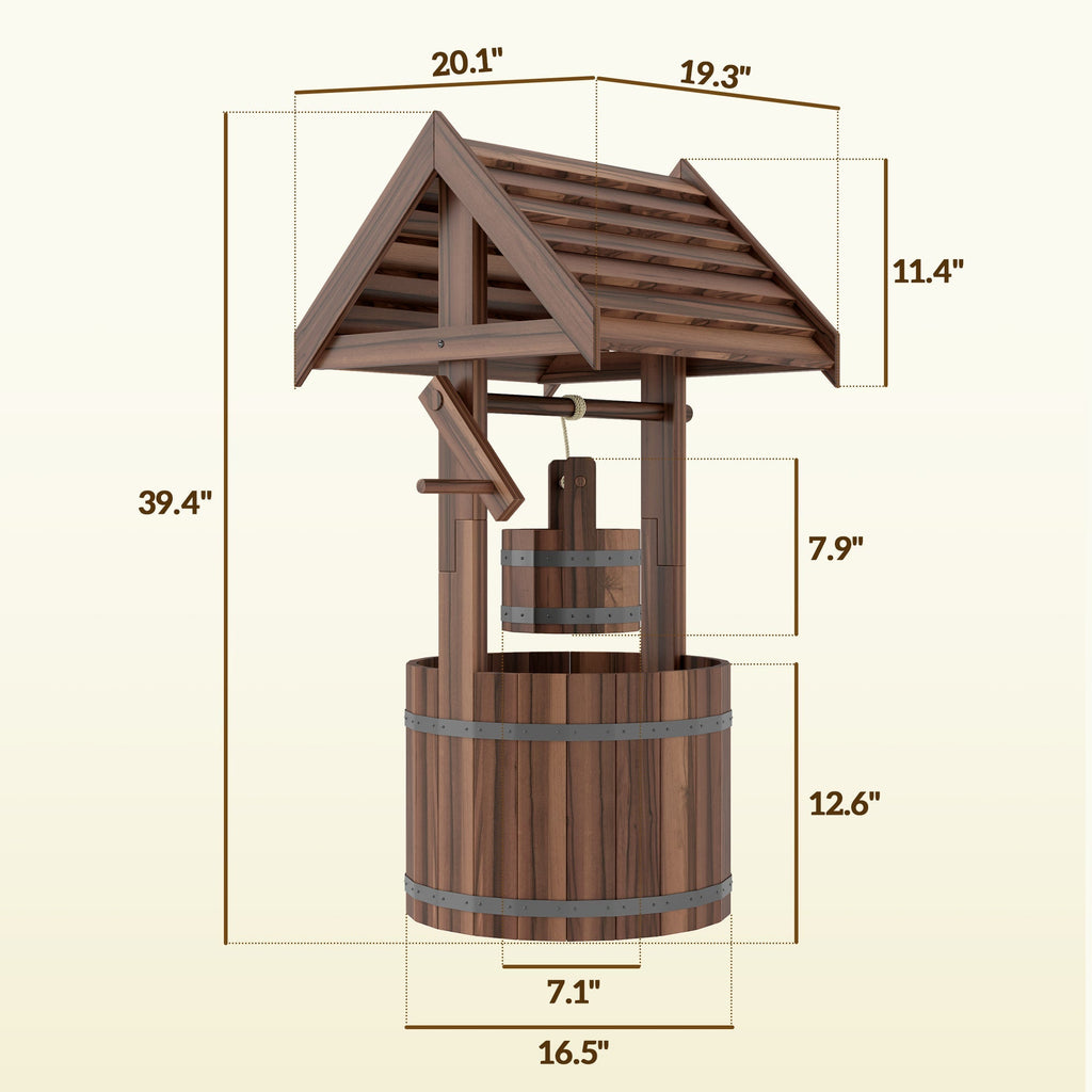 Wooden Wishing Well Planter with Adjustable Hanging Bucket, Rustic Wishing Well for Outside, Decorative Flower Planter with Drainage Hole for Garden Patio, Carbonized