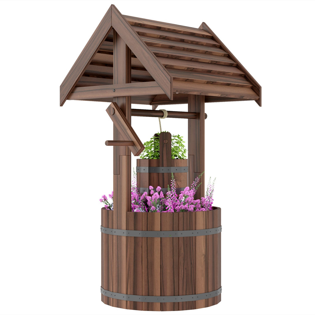 Wooden Wishing Well Planter with Adjustable Hanging Bucket, Rustic Wishing Well for Outside, Decorative Flower Planter with Drainage Hole for Garden Patio, Carbonized
