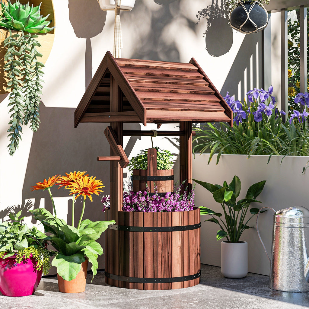 Wooden Wishing Well Planter with Adjustable Hanging Bucket, Rustic Wishing Well for Outside, Decorative Flower Planter with Drainage Hole for Garden Patio, Carbonized