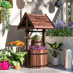 Wooden Wishing Well Planter with Adjustable Hanging Bucket, Rustic Wishing Well for Outside, Decorative Flower Planter with Drainage Hole for Garden Patio, Carbonized