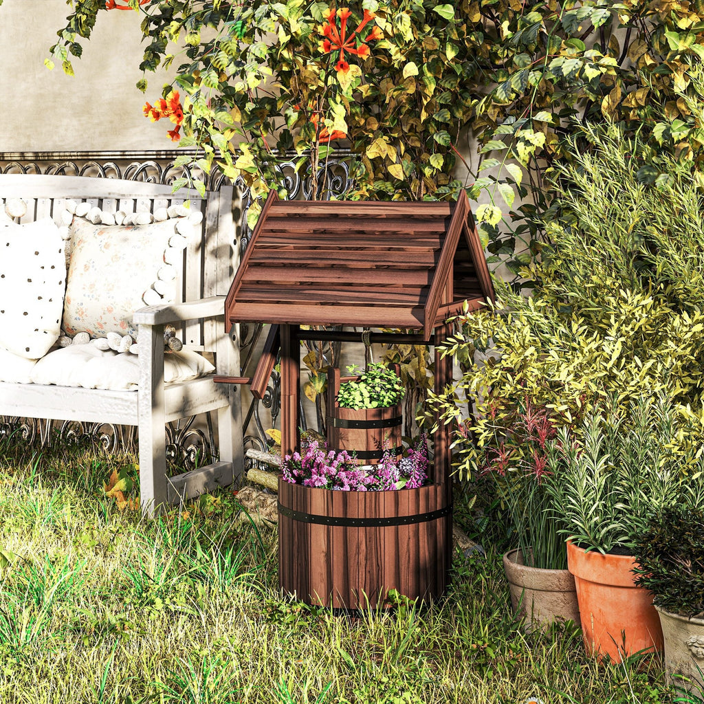 Wooden Wishing Well Planter with Adjustable Hanging Bucket, Rustic Wishing Well for Outside, Decorative Flower Planter with Drainage Hole for Garden Patio, Carbonized