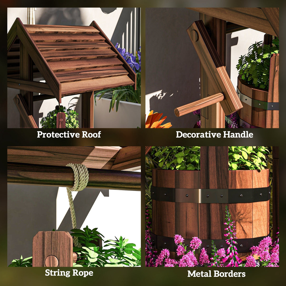 Wooden Wishing Well Planter with Adjustable Hanging Bucket, Rustic Wishing Well for Outside, Decorative Flower Planter with Drainage Hole for Garden Patio, Carbonized