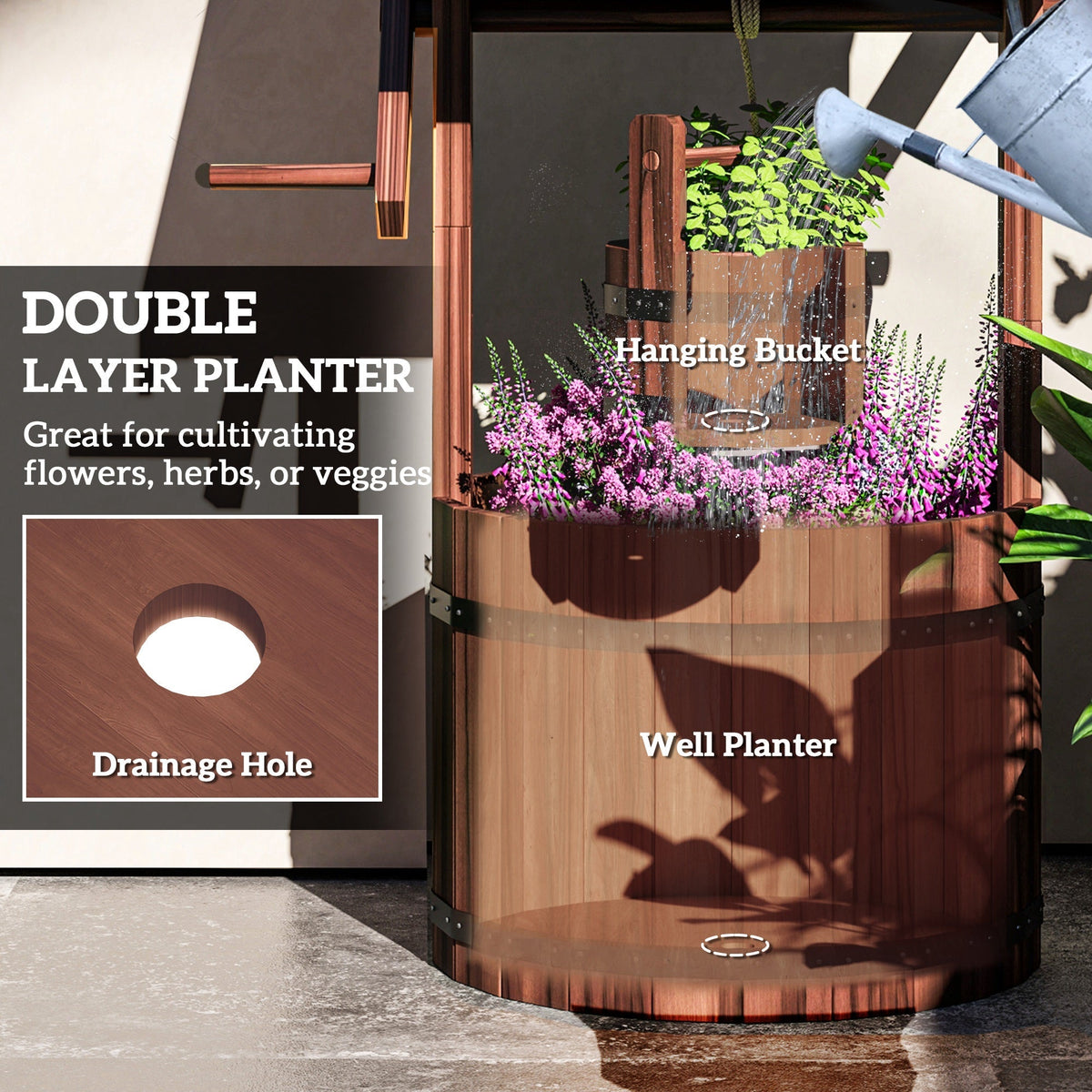 Wooden Wishing Well Planter with Adjustable Hanging Bucket, Rustic Wishing Well for Outside, Decorative Flower Planter with Drainage Hole for Garden Patio, Carbonized