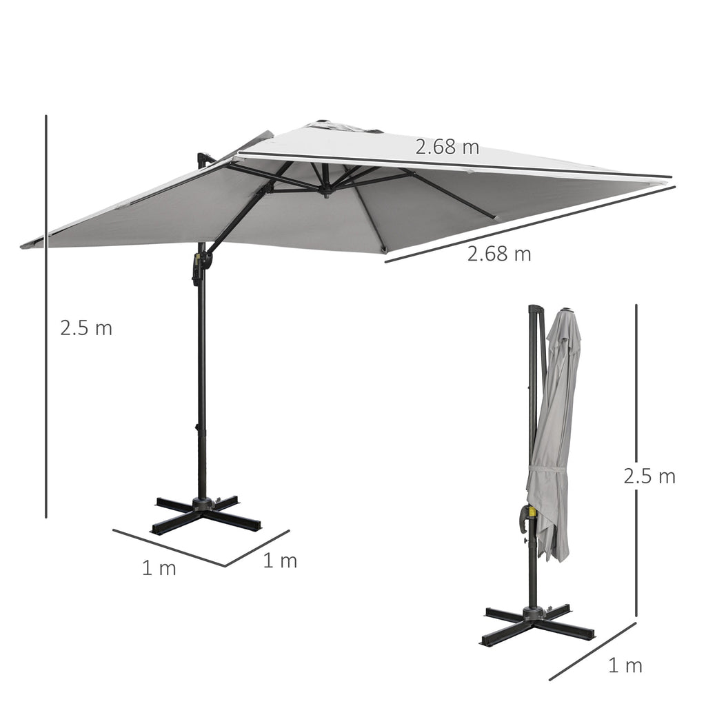 2.7 x 2.7 m Square Overhanging Parasol with Tilt,  Aluminium Frame & 360° Rotation, Grey