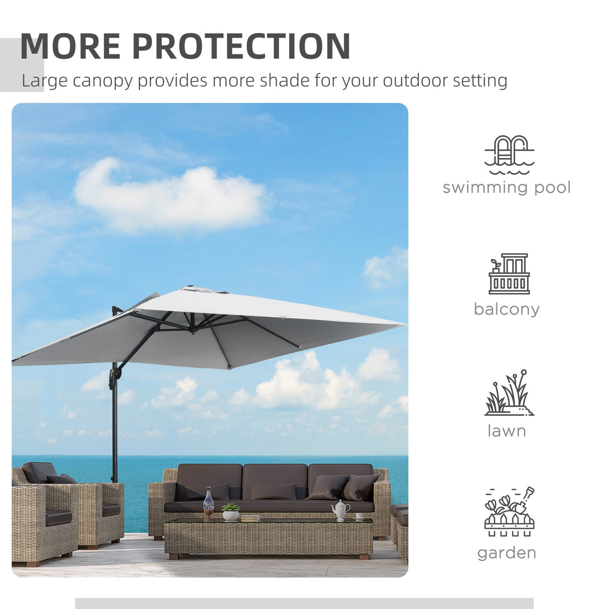 2.7 x 2.7 m Square Overhanging Parasol with Tilt,  Aluminium Frame & 360° Rotation, Grey