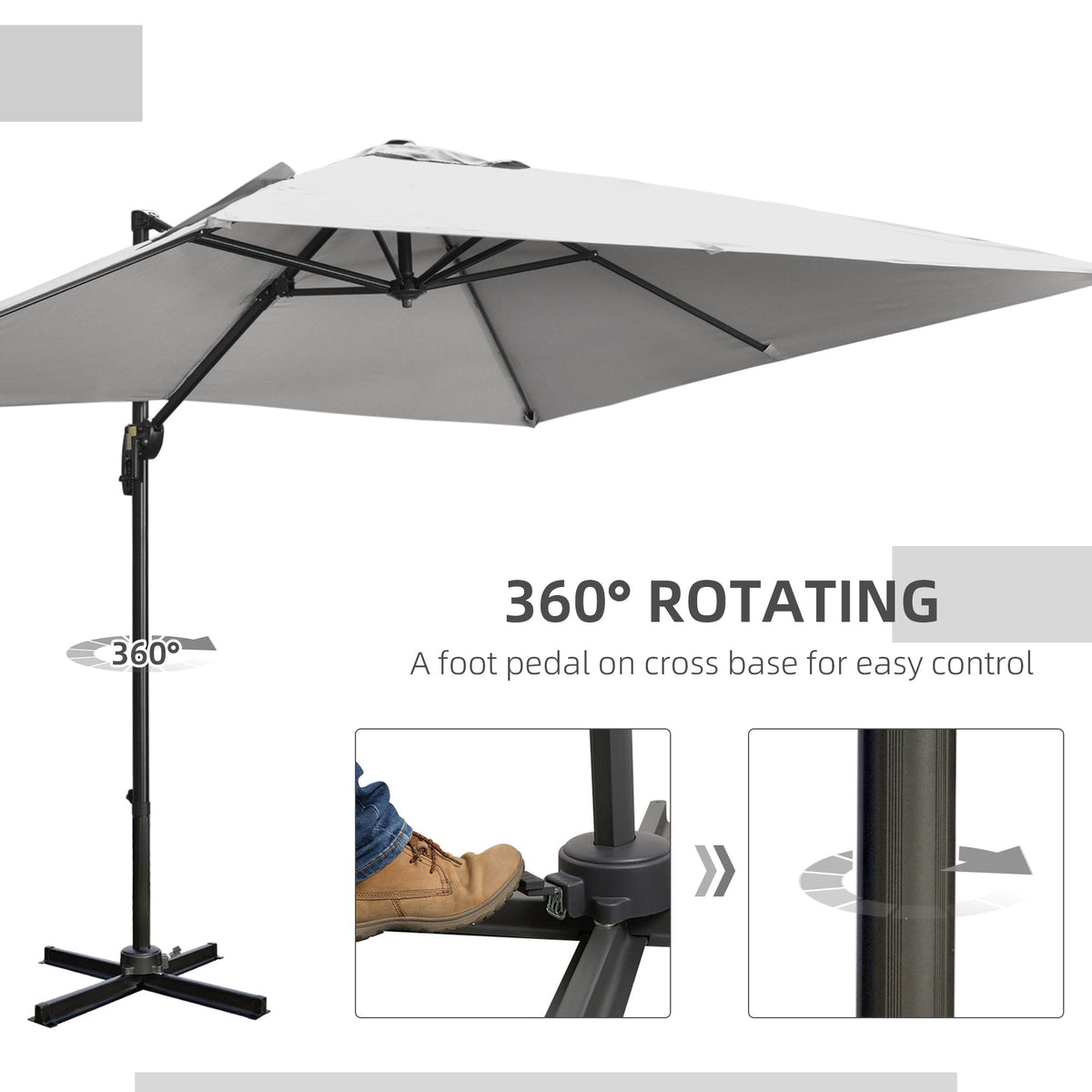 2.7 x 2.7 m Square Overhanging Parasol with Tilt,  Aluminium Frame & 360° Rotation, Grey