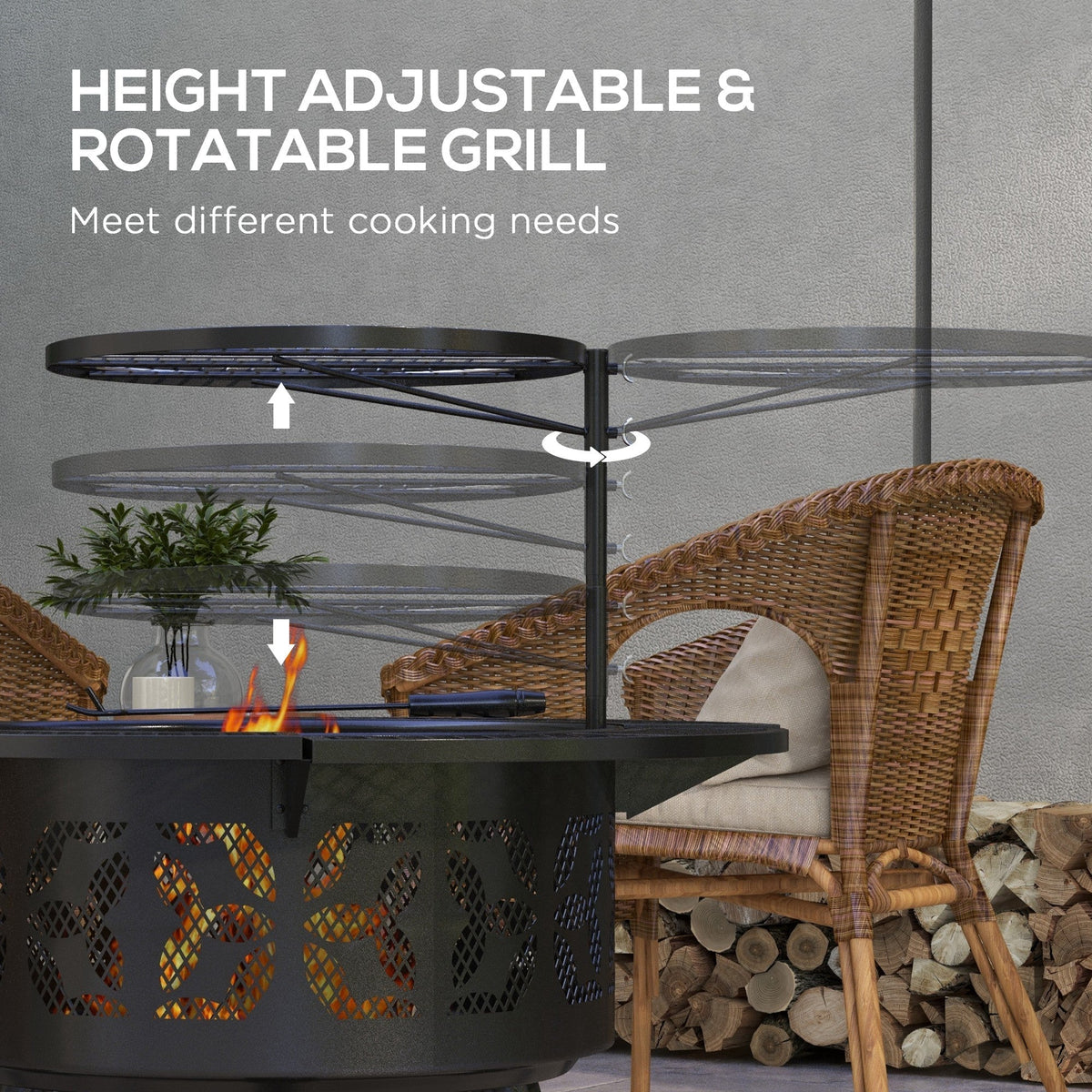 2-in-1 Fire Pit, 33" Portable Wood Burning Firepit with Adjustable Cooking Grate, Black