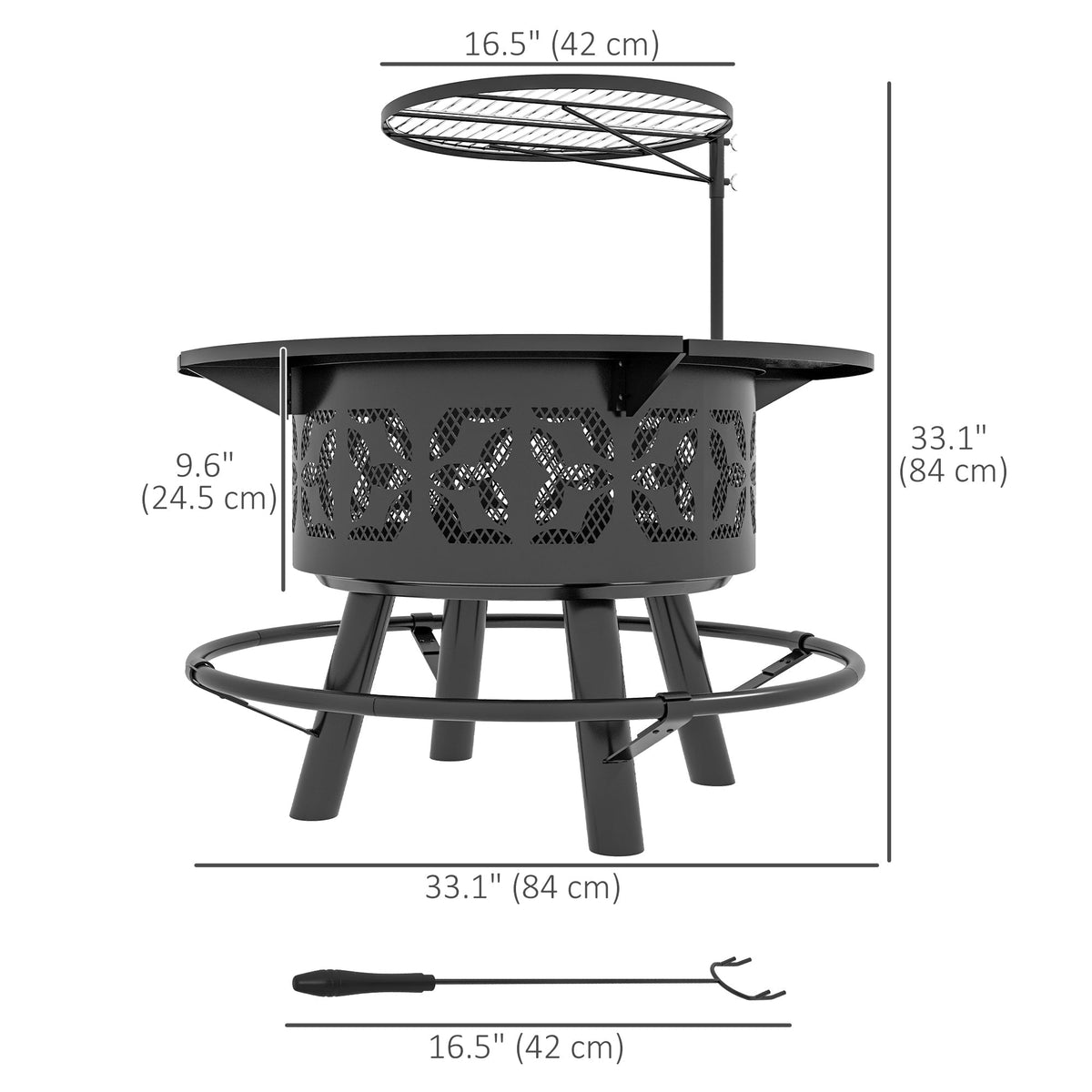 2-in-1 Fire Pit, 33" Portable Wood Burning Firepit with Adjustable Cooking Grate, Black