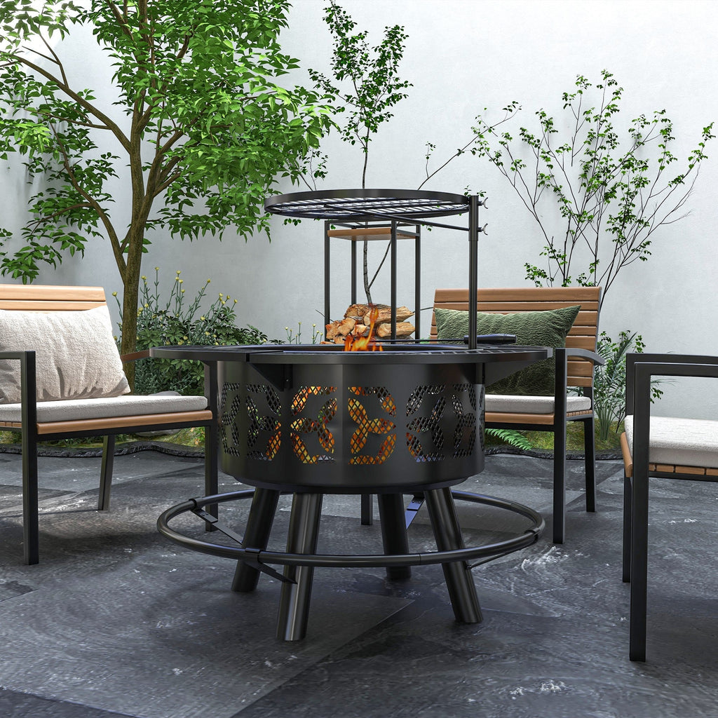 2-in-1 Fire Pit, 33" Portable Wood Burning Firepit with Adjustable Cooking Grate, Black