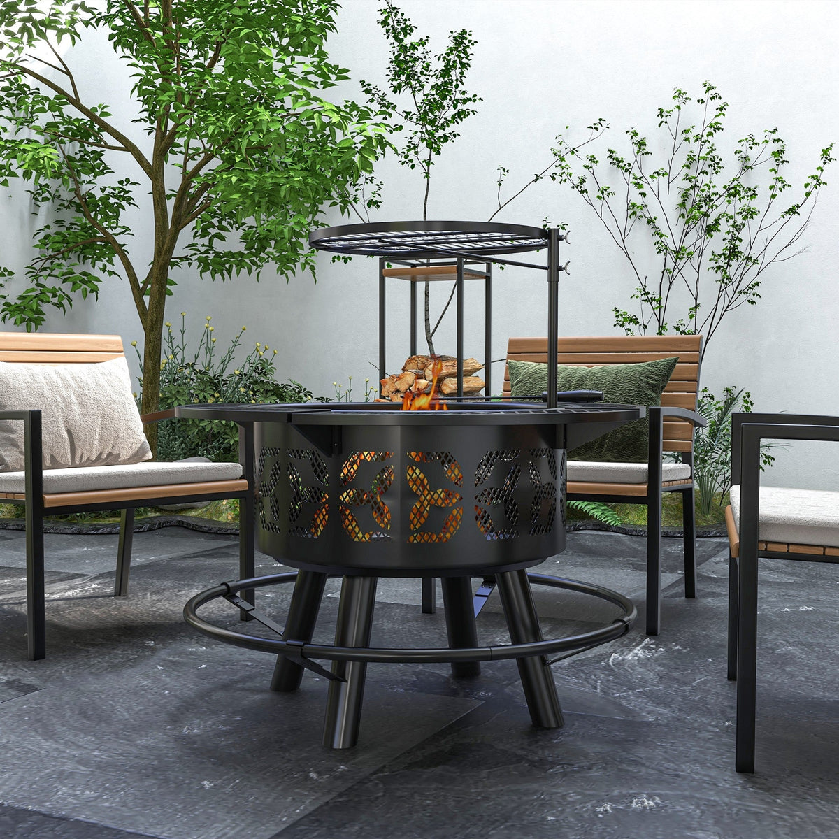2-in-1 Fire Pit, 33" Portable Wood Burning Firepit with Adjustable Cooking Grate, Black
