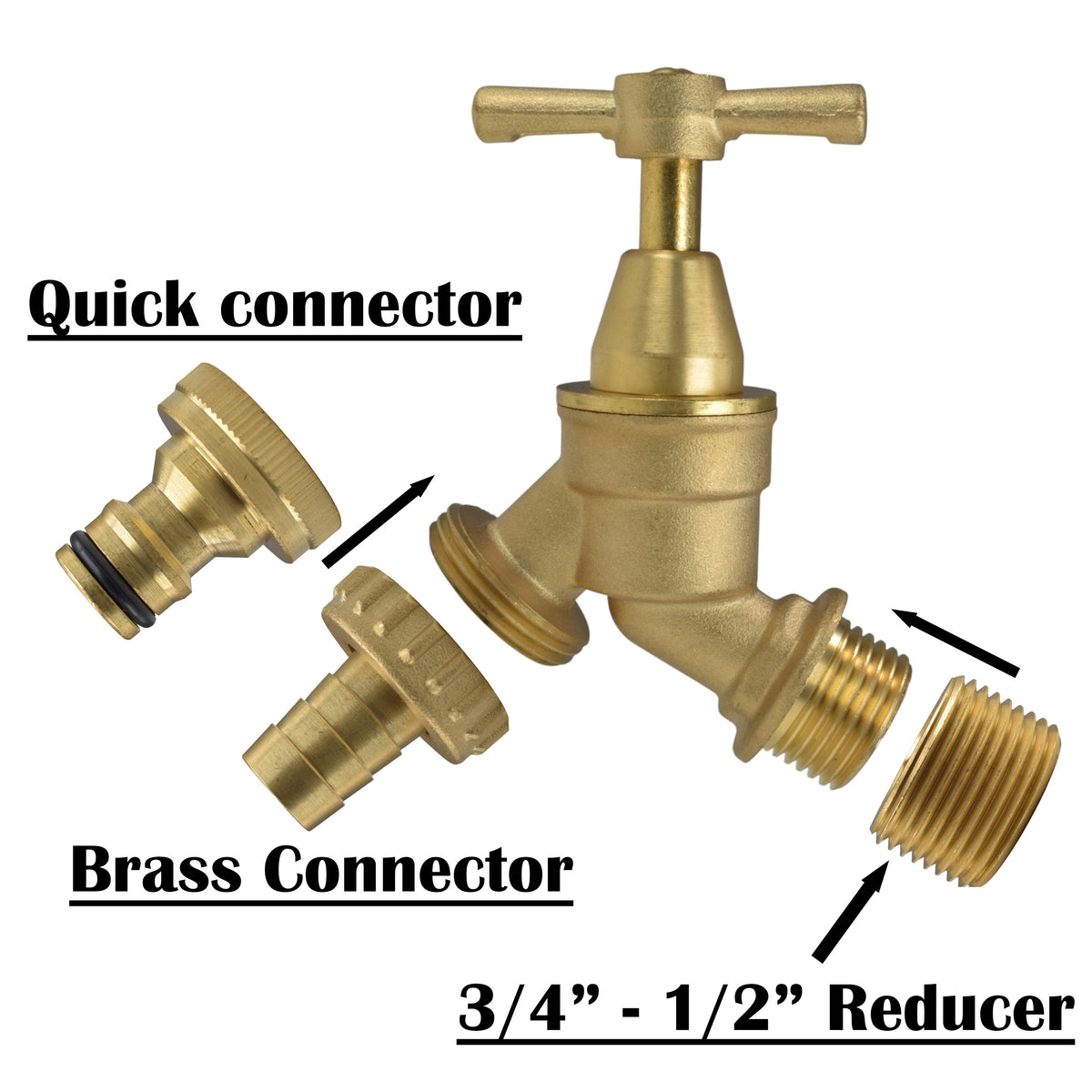 Brass Bib Tap Kit with Barb/Quick Connect Outlet, 1/2" and 3/4" BSP Thread Inlet