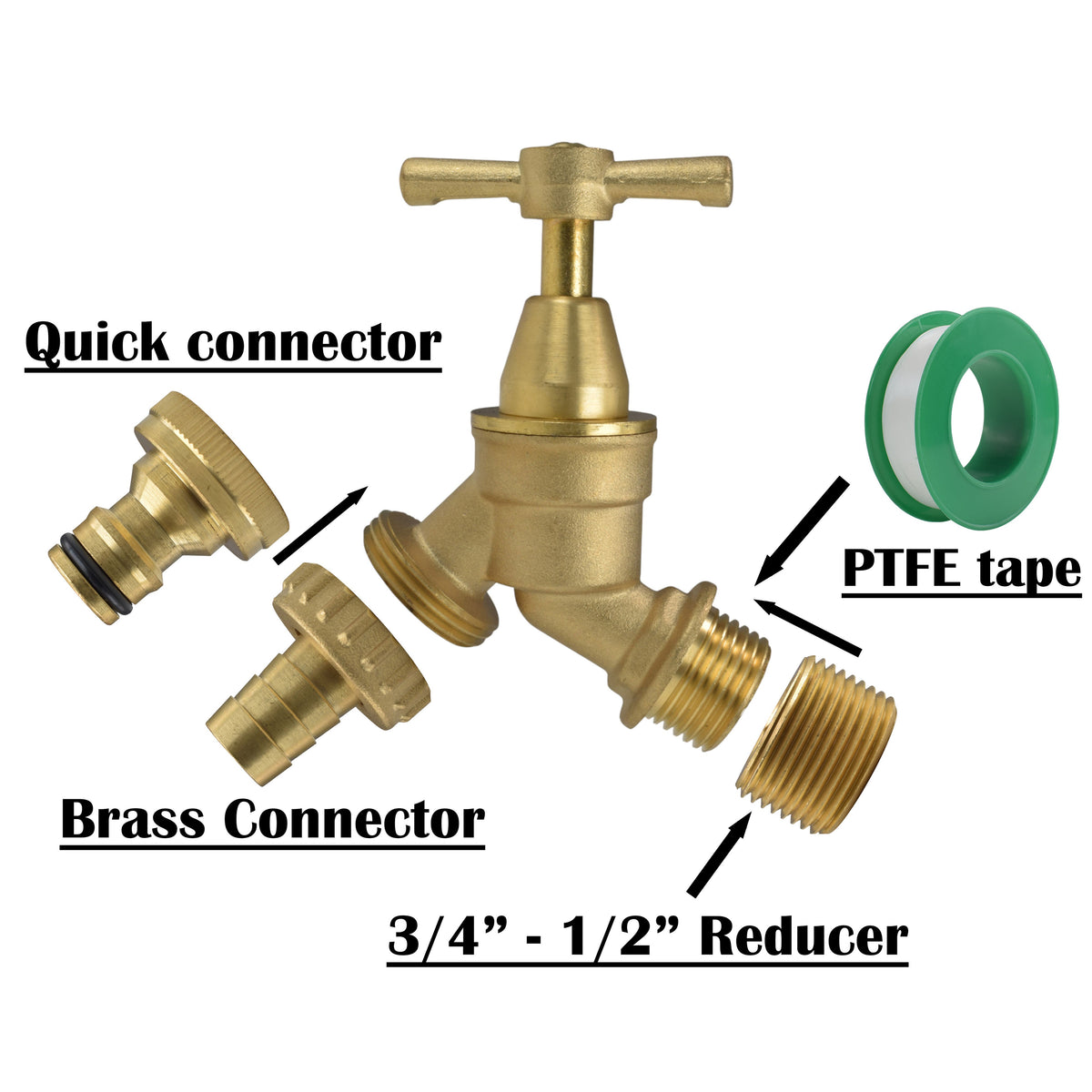 Brass Bib Tap Kit with Barb/Quick Connect Outlet, 1/2" and 3/4" BSP Thread Inlet