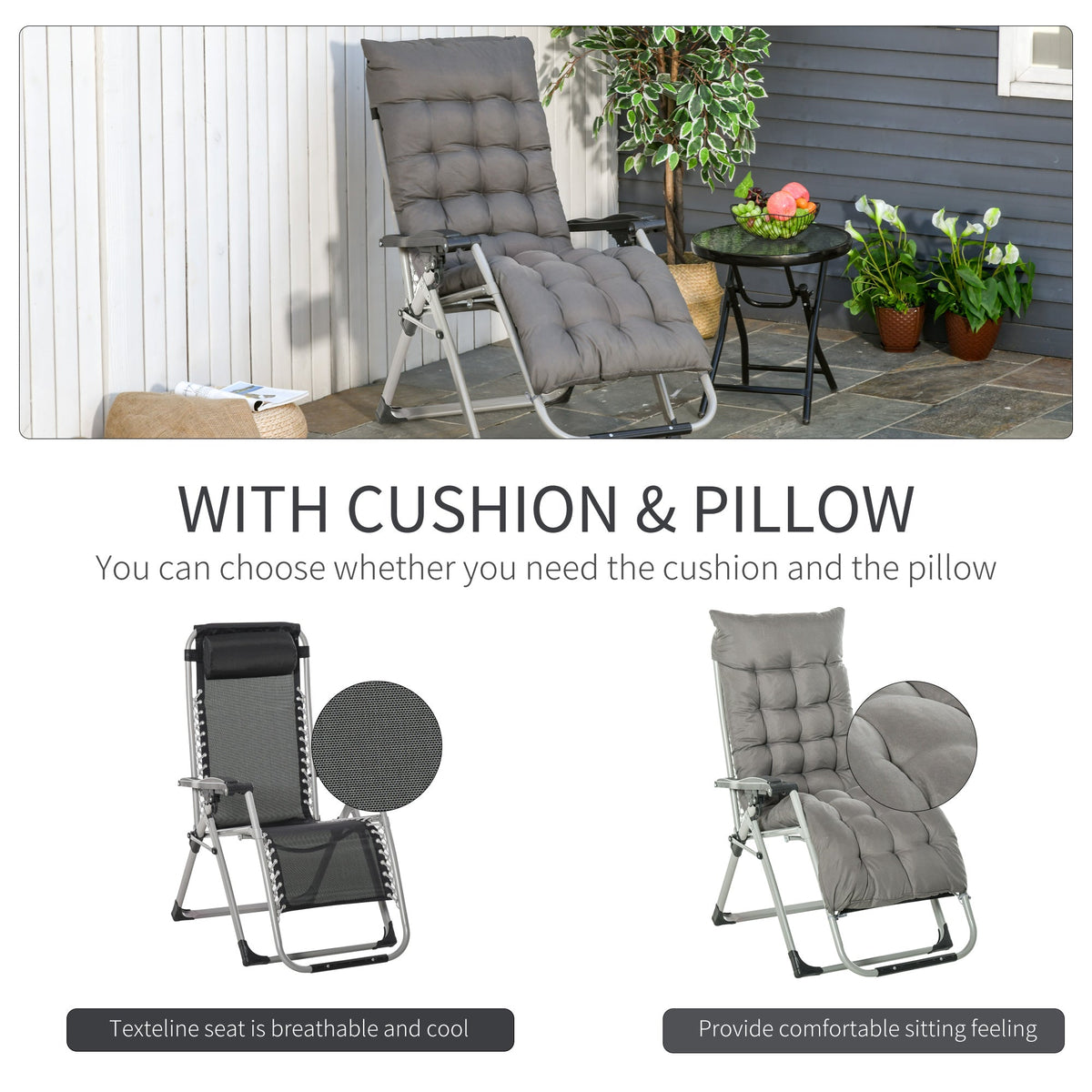 Reclining Zero Gravity Chair w/ Adjustable Backrest, Folding Garden Sun Lounger, Dark Grey