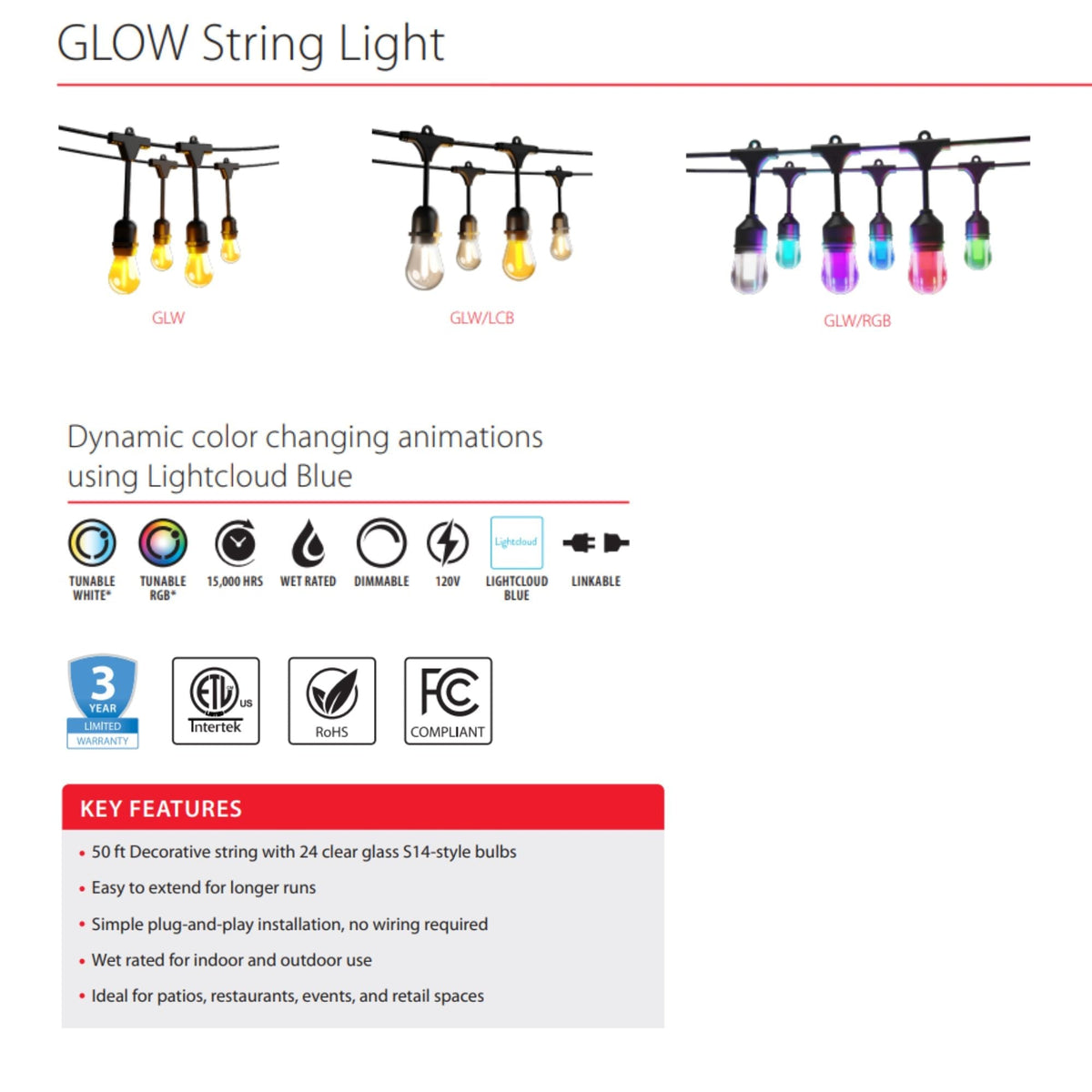 RAB GLow 25 ft String Light Extension, Wet Rated, Tunable White/RGB, 264 Lumens, 24V