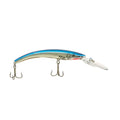 Reef Runner Deep Ripper fishing lure with a blue and silver finish, featuring two treble hooks and a clear diving lip designed for deep water fishing.