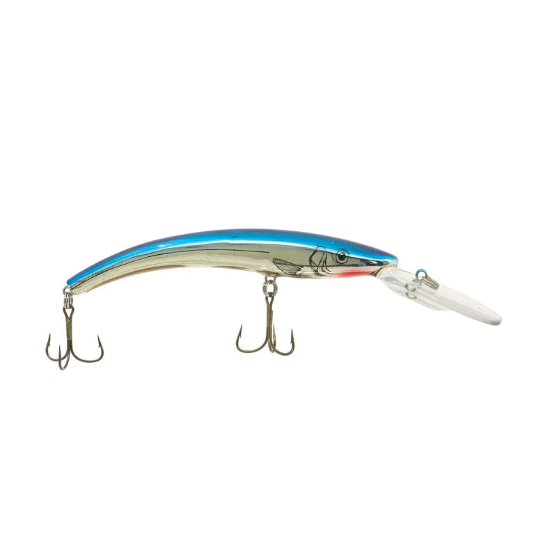 Reef Runner Deep Ripper fishing lure with a blue and silver finish, featuring two treble hooks and a clear diving lip designed for deep water fishing.