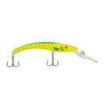 Reef Runner Deep Diver fishing lure with a bright yellow and green body, featuring orange stripes and two treble hooks, designed for effective fishing tackle use.