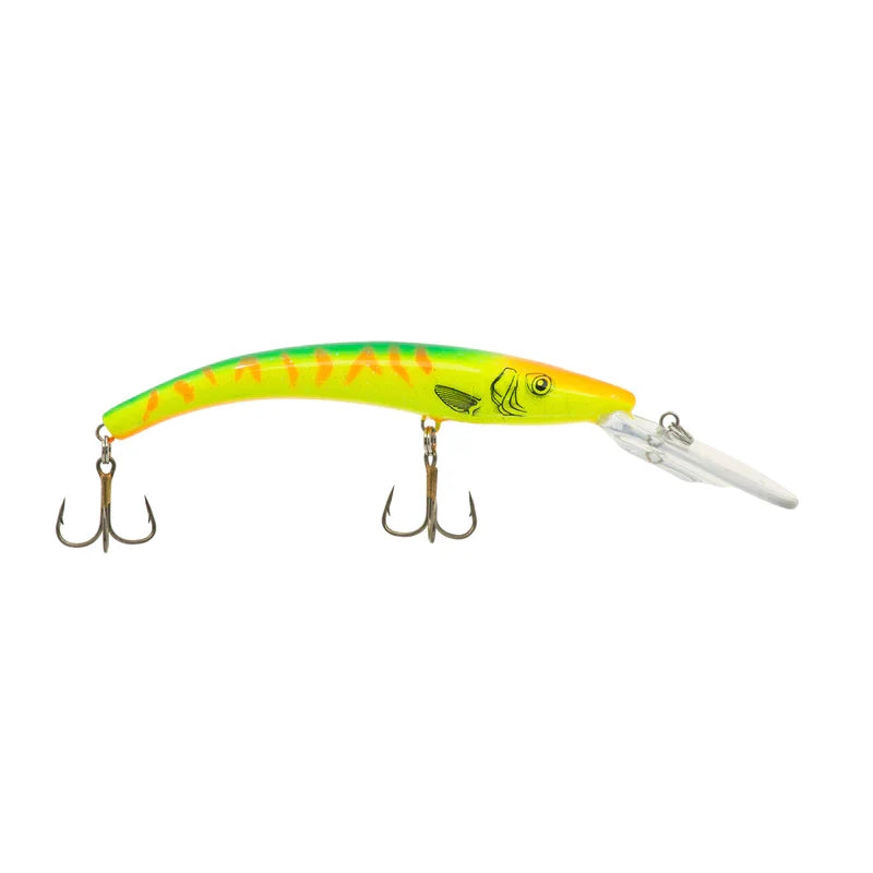 Reef Runner Deep Diver fishing lure with a bright yellow and green body, featuring orange stripes and two treble hooks, designed for effective fishing tackle use.