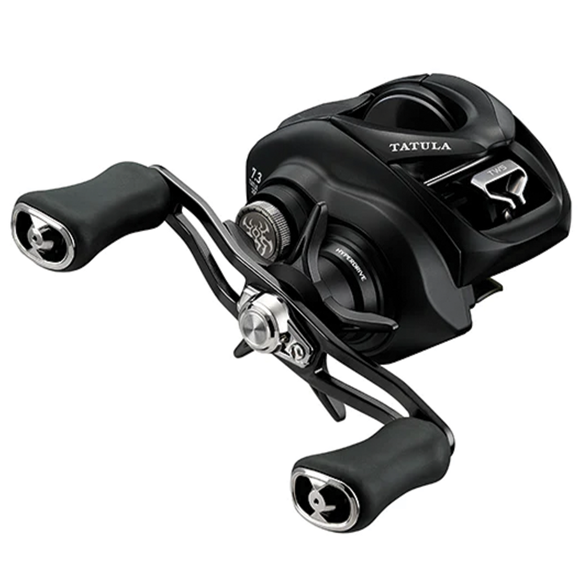 Daiwa Tatula TW 200 black low-profile baitcasting reel with ergonomic double paddle handles and precise adjustment knobs for smooth fishing tackle performance.