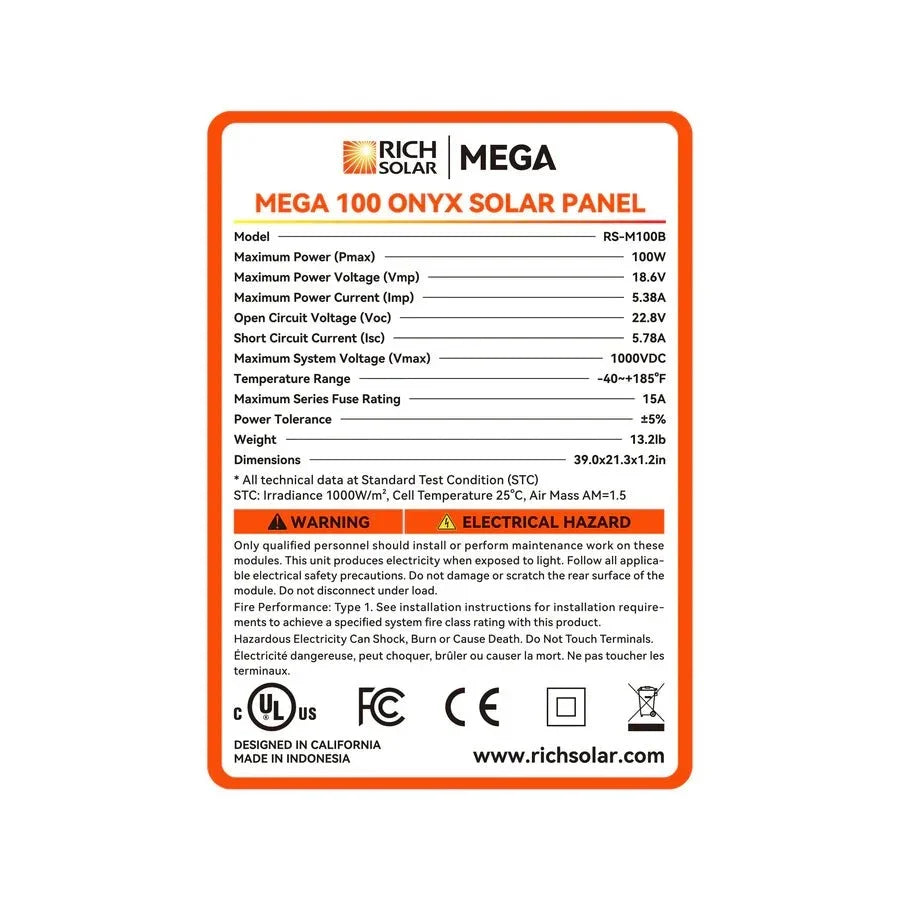 Rich Solar MEGA 100 Watt ONYX Black Monocrystalline Solar Panel