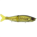 River2Sea S-Waver 120S Glide Bait, a jointed fishing lure designed with realistic green and yellow hues, red eyes, and detailed scale texture for musky and other freshwater fishing.