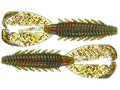 Two green and yellow soft plastic fishing lures with red and black flecks, featuring segmented bodies and claw-like tails, identified as X-Zone Adrenaline Craw Jr.