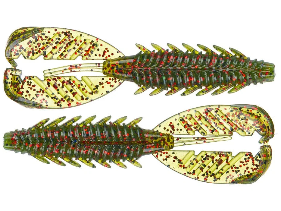Two green and yellow soft plastic fishing lures with red and black flecks, featuring segmented bodies and claw-like tails, identified as X-Zone Adrenaline Craw Jr.